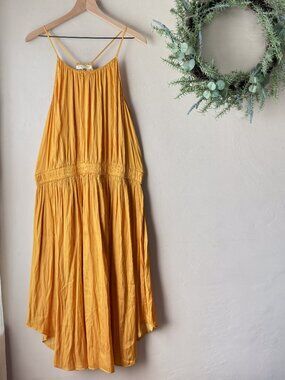 Halston Heritage Golden Yellow Shirred Midi Dress